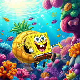 A vibrant and whimsical underwater scene featuring SpongeBob SquarePants, the iconic yellow sea sponge, joyfully bouncing around in his pineapple house