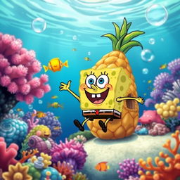 A vibrant and whimsical underwater scene featuring SpongeBob SquarePants, the iconic yellow sea sponge, joyfully bouncing around in his pineapple house