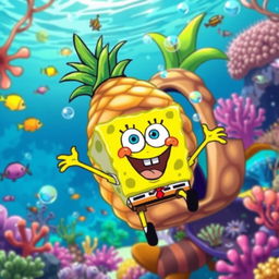 A vibrant and whimsical underwater scene featuring SpongeBob SquarePants, the iconic yellow sea sponge, joyfully bouncing around in his pineapple house