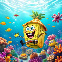 A vibrant and whimsical underwater scene featuring SpongeBob SquarePants, the iconic yellow sea sponge, joyfully bouncing around in his pineapple house