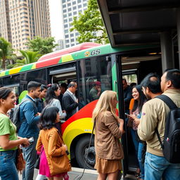 A lively scene at a bus stop where a diverse group of people are boarding a vibrant city bus
