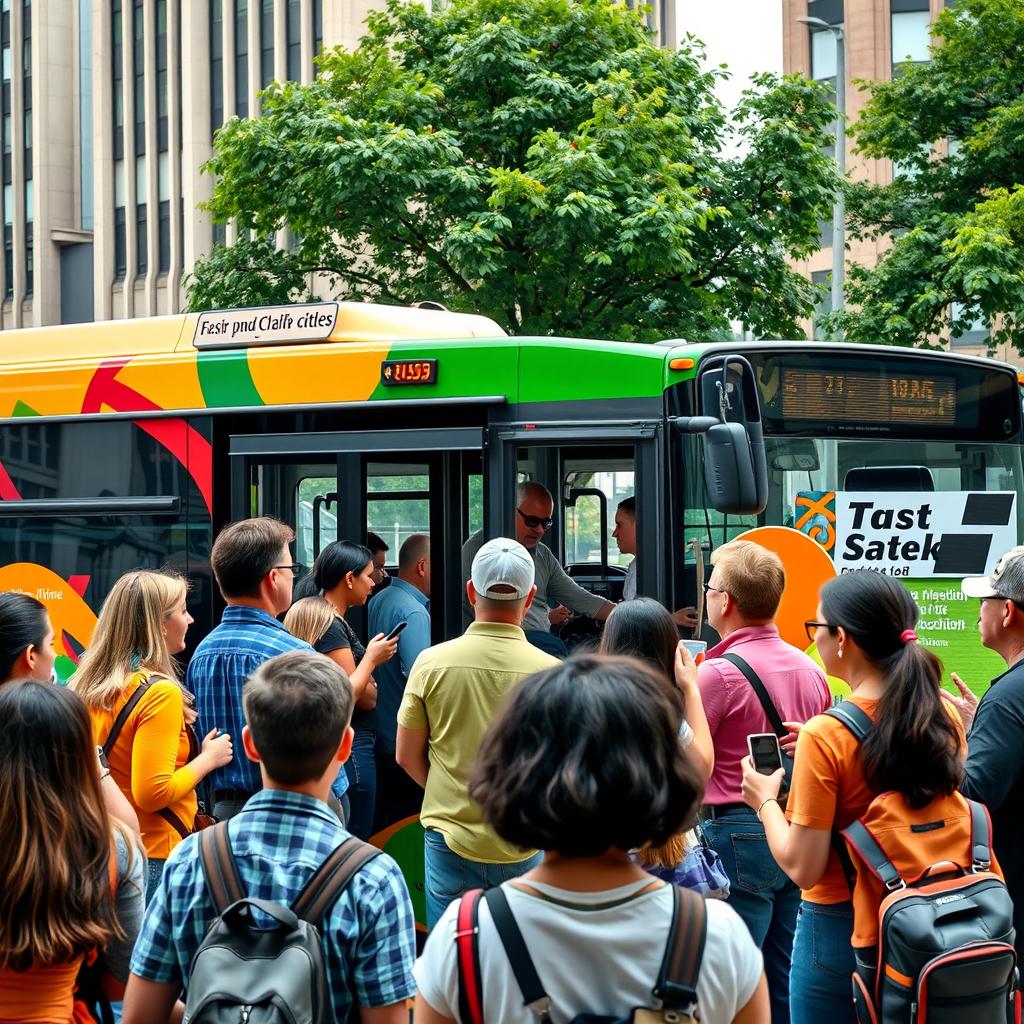 A lively scene at a bus stop where a diverse group of people are boarding a vibrant city bus