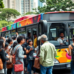 A lively scene at a bus stop where a diverse group of people are boarding a vibrant city bus