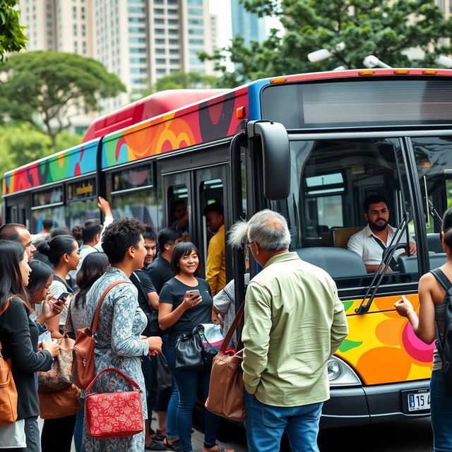 A lively scene at a bus stop where a diverse group of people are boarding a vibrant city bus
