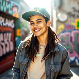 A stylish young adult wearing a trendy baseball cap, showcasing a confident and relaxed demeanor