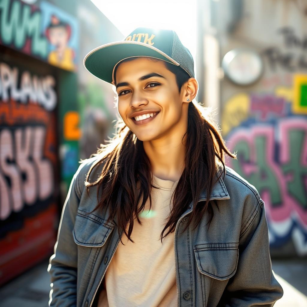 A stylish young adult wearing a trendy baseball cap, showcasing a confident and relaxed demeanor