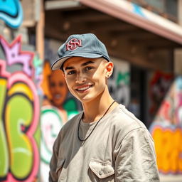 A stylish young adult wearing a trendy baseball cap, showcasing a confident and relaxed demeanor
