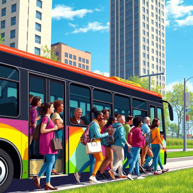 A vibrant scene depicting a diverse group of people boarding a colorful bus