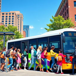 A vibrant scene depicting a diverse group of people boarding a colorful bus
