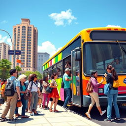 A vibrant scene depicting a diverse group of people boarding a colorful bus