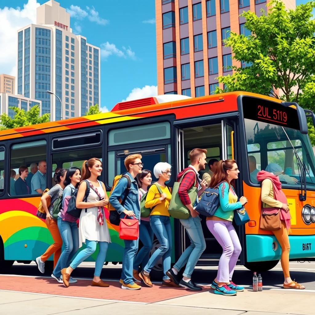 A vibrant scene depicting a diverse group of people boarding a colorful bus