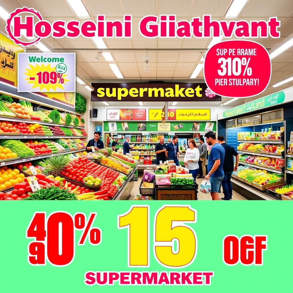 A vibrant and eye-catching advertisement for "Hosseini Ghiathvand Supermarket"