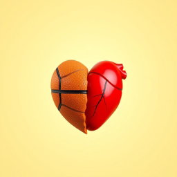 A basketball sliced in half, with one side featuring the traditional orange and black pattern of a basketball and the other side transformed into a vibrant red heart