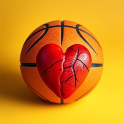 A basketball sliced in half, with one side featuring the traditional orange and black pattern of a basketball and the other side transformed into a vibrant red heart
