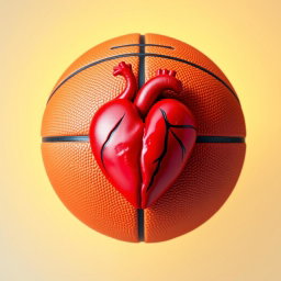 A basketball sliced in half, with one side featuring the traditional orange and black pattern of a basketball and the other side transformed into a vibrant red heart
