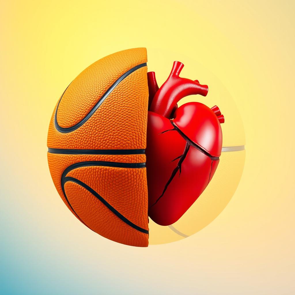A basketball sliced in half, with one side featuring the traditional orange and black pattern of a basketball and the other side transformed into a vibrant red heart
