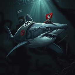 A shark with distinct Nazi symbols and insignia, wearing a small Nazi uniform wrapped around its dorsal fin, swimming in a dark and ominous ocean