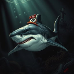A shark with distinct Nazi symbols and insignia, wearing a small Nazi uniform wrapped around its dorsal fin, swimming in a dark and ominous ocean