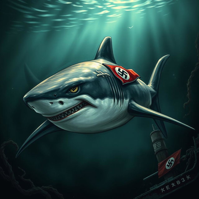 A shark with distinct Nazi symbols and insignia, wearing a small Nazi uniform wrapped around its dorsal fin, swimming in a dark and ominous ocean