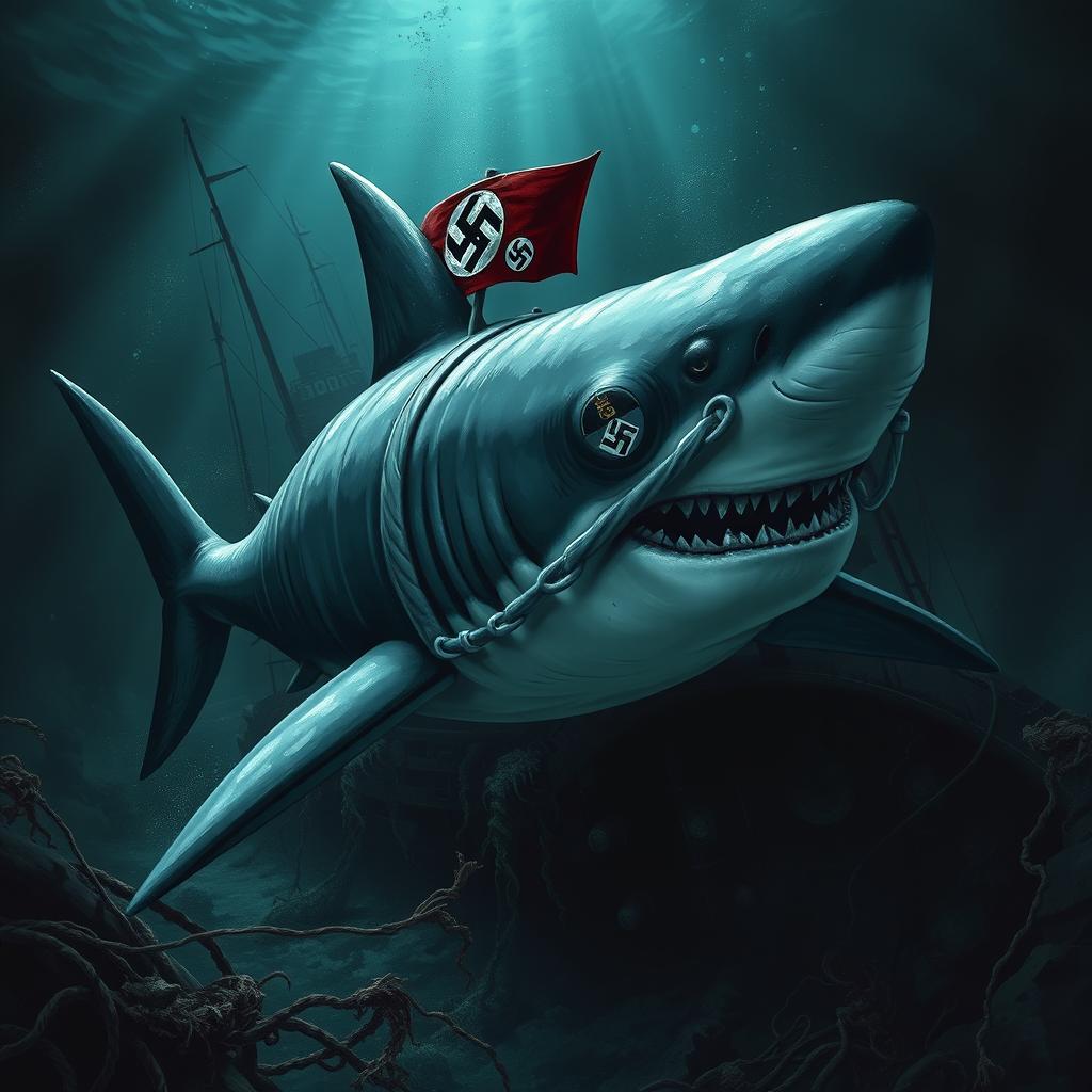 A shark with distinct Nazi symbols and insignia, wearing a small Nazi uniform wrapped around its dorsal fin, swimming in a dark and ominous ocean