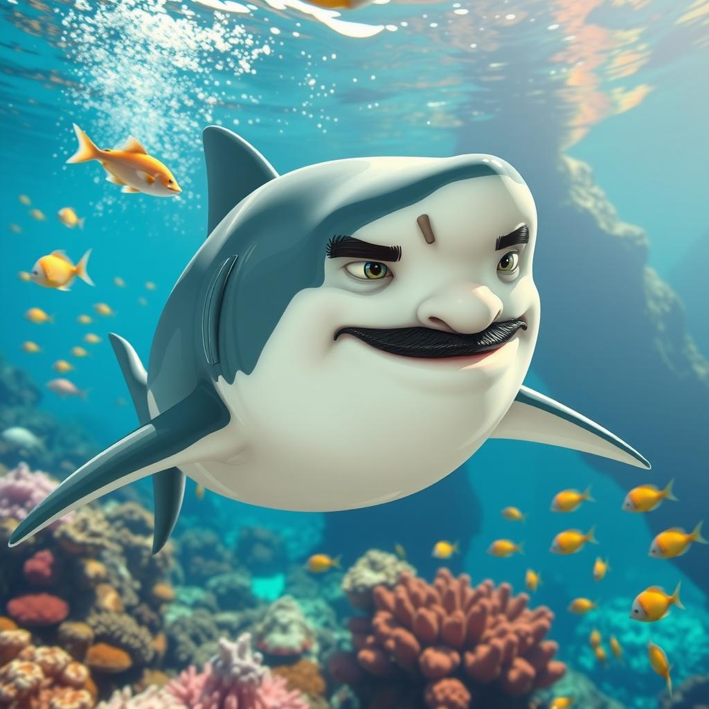 A surreal and humorous depiction of a shark with distinct features resembling Adolf Hitler