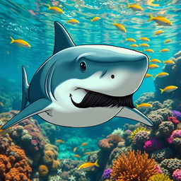 A surreal and humorous depiction of a shark with distinct features resembling Adolf Hitler