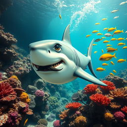 A surreal and humorous depiction of a shark with distinct features resembling Adolf Hitler