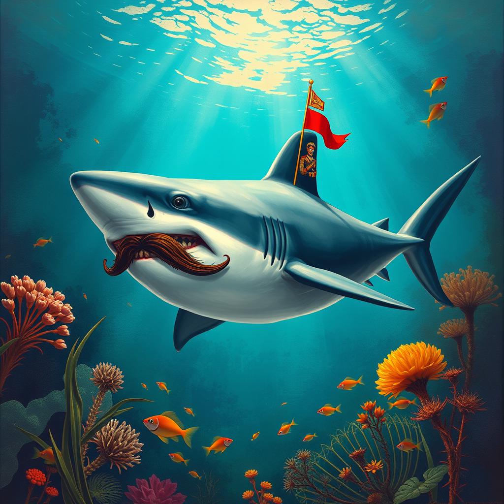 A surrealistic and imaginative depiction of a large shark with elements reminiscent of historical artifacts and propaganda, featuring a distinct mustache resembling that of a dictator