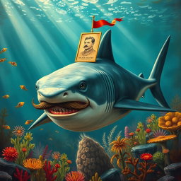 A surrealistic and imaginative depiction of a large shark with elements reminiscent of historical artifacts and propaganda, featuring a distinct mustache resembling that of a dictator