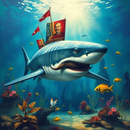 A surrealistic and imaginative depiction of a large shark with elements reminiscent of historical artifacts and propaganda, featuring a distinct mustache resembling that of a dictator