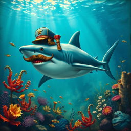 A surrealistic and imaginative depiction of a large shark with elements reminiscent of historical artifacts and propaganda, featuring a distinct mustache resembling that of a dictator