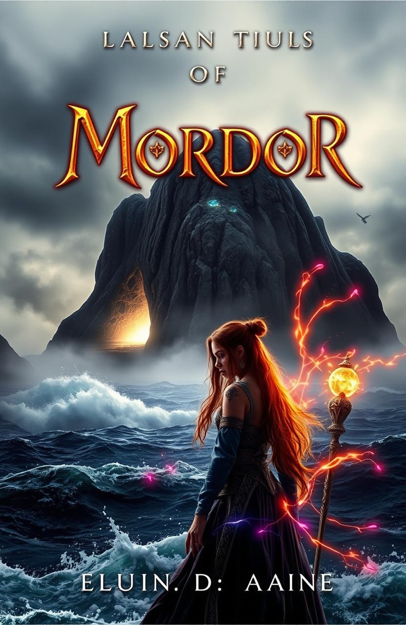 A captivating book cover featuring a dark and misty island in the background, shrouded in fog and surrounded by a turbulent, crashing ocean