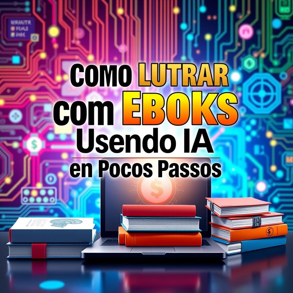 A captivating ebook cover design featuring the title 'Como Lucrar com Ebooks Usando IA em Poucos Passos' prominently displayed in bold, modern typography
