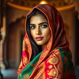 A stunning portrait of a woman with distinct Indian features, wearing a vibrant, intricately embroidered Indian shawl gracefully draped over her head