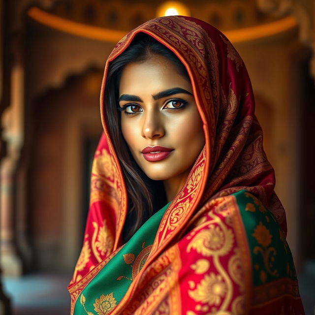 A stunning portrait of a woman with distinct Indian features, wearing a vibrant, intricately embroidered Indian shawl gracefully draped over her head