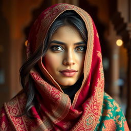 A stunning portrait of a woman with distinct Indian features, wearing a vibrant, intricately embroidered Indian shawl gracefully draped over her head