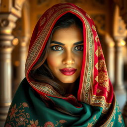 A stunning portrait of a woman with distinct Indian features, wearing a vibrant, intricately embroidered Indian shawl gracefully draped over her head