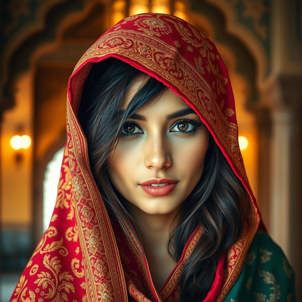 A stunning portrait of a woman with distinct Indian features, wearing a vibrant, intricately embroidered Indian shawl gracefully draped over her head