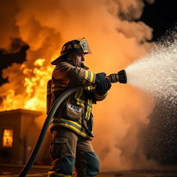 A heroic firefighter in full gear, wielding a powerful hose to extinguish a raging fire