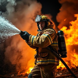 A heroic firefighter in full gear, wielding a powerful hose to extinguish a raging fire