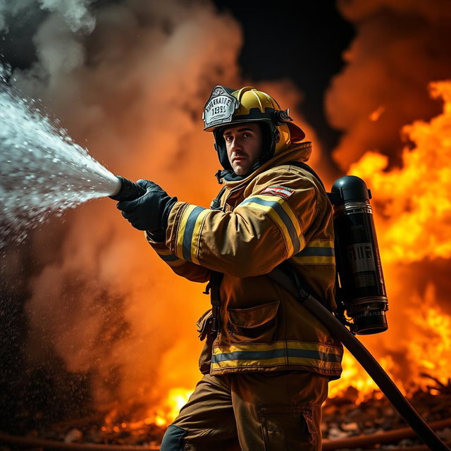 A heroic firefighter in full gear, wielding a powerful hose to extinguish a raging fire