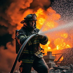 A heroic firefighter in full gear, wielding a powerful hose to extinguish a raging fire