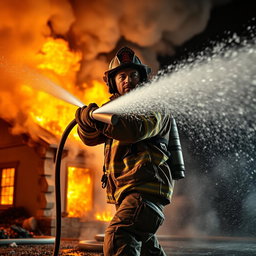 A heroic firefighter in full gear, wielding a powerful hose to extinguish a raging fire