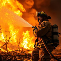 A heroic firefighter in full gear, passionately fighting a large fire