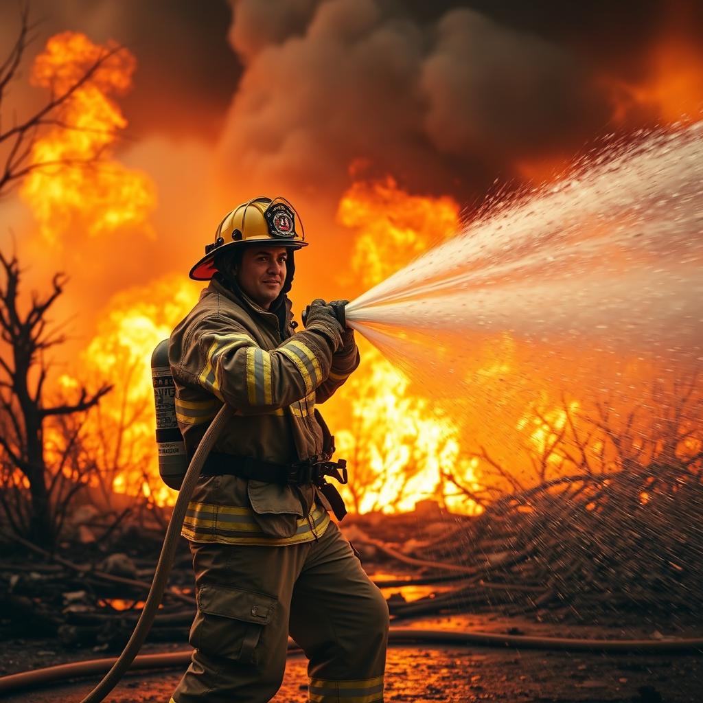 A heroic firefighter in full gear, passionately fighting a large fire