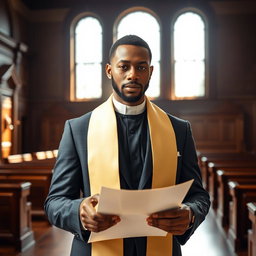 A handsome Black man, dressed in a tailored lawyer's suit with a priest's robe draped over his shoulders