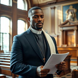 A handsome Black man, dressed in a tailored lawyer's suit with a priest's robe draped over his shoulders