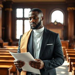 A handsome Black man, dressed in a tailored lawyer's suit with a priest's robe draped over his shoulders