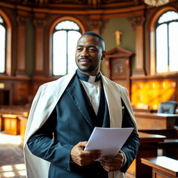 A handsome Black man, dressed in a tailored lawyer's suit with a priest's robe draped over his shoulders
