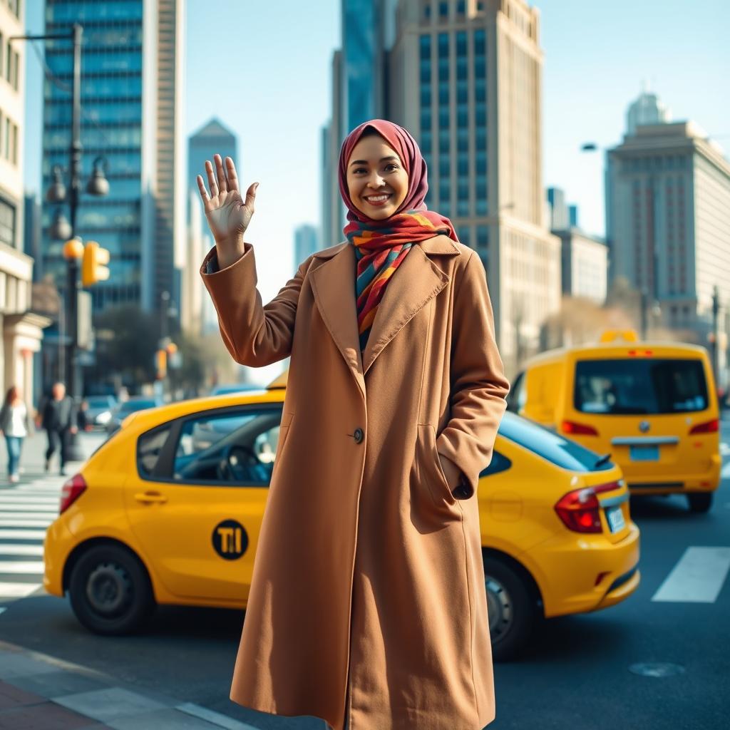 A beautiful, confident hejabi woman is standing on a busy city street, waving for a taxi